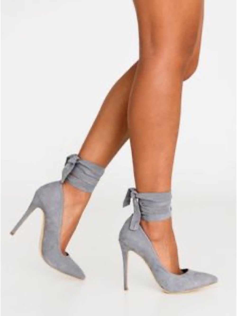 Shoe Dazzle Light Grey Suede Ankle Tie Pointed Stiletto Pumps